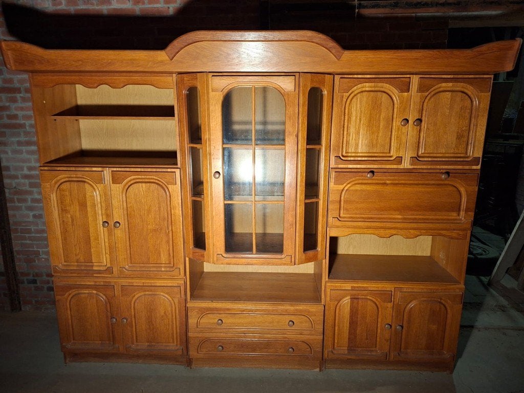 Wandkast 3-Delige blank eiken kast met vitrine, Huis en Inrichting, 250 tot 300 cm, Gebruikt, Met deur(en), Eikenhout