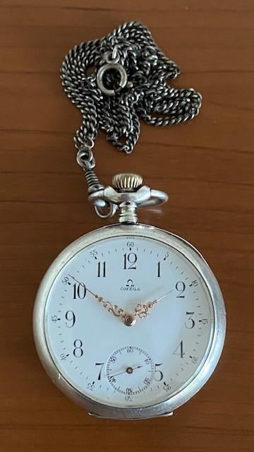 Omega Zilveren zakhorloge uit 1898, Ophalen, Zakhorloge, Met ketting, Omega