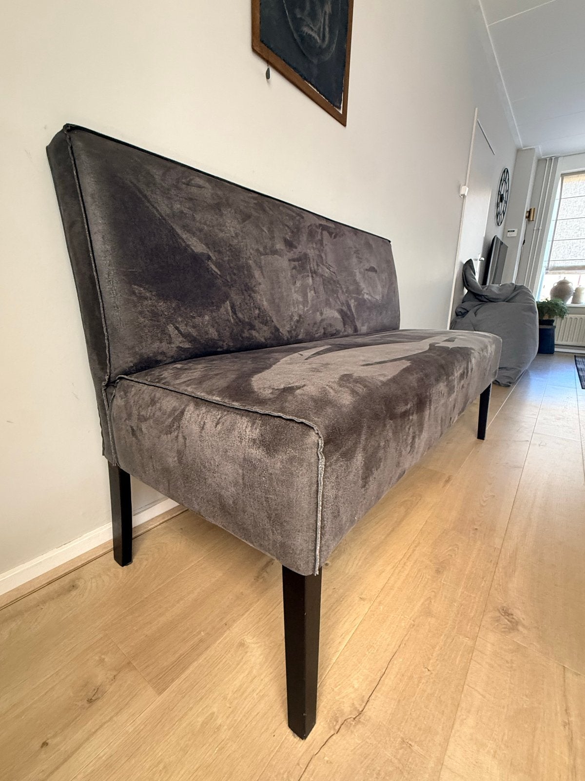 Stijlvolle zitbank 150x90 cm, vlekvrij en behandeld, Ophalen, Zo goed als nieuw, Stof, Rechthoekig