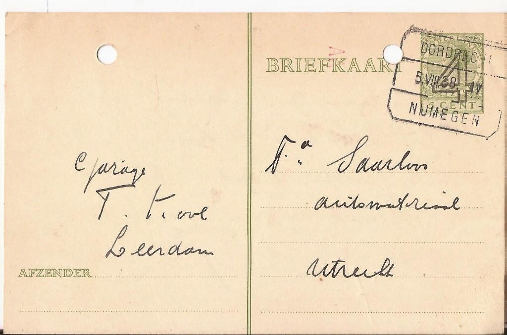 LEERDAM 1938 Garage T. KOOL bestelt Champignon bougies, Verzenden, 1920 tot 1940, Gelopen, Utrecht