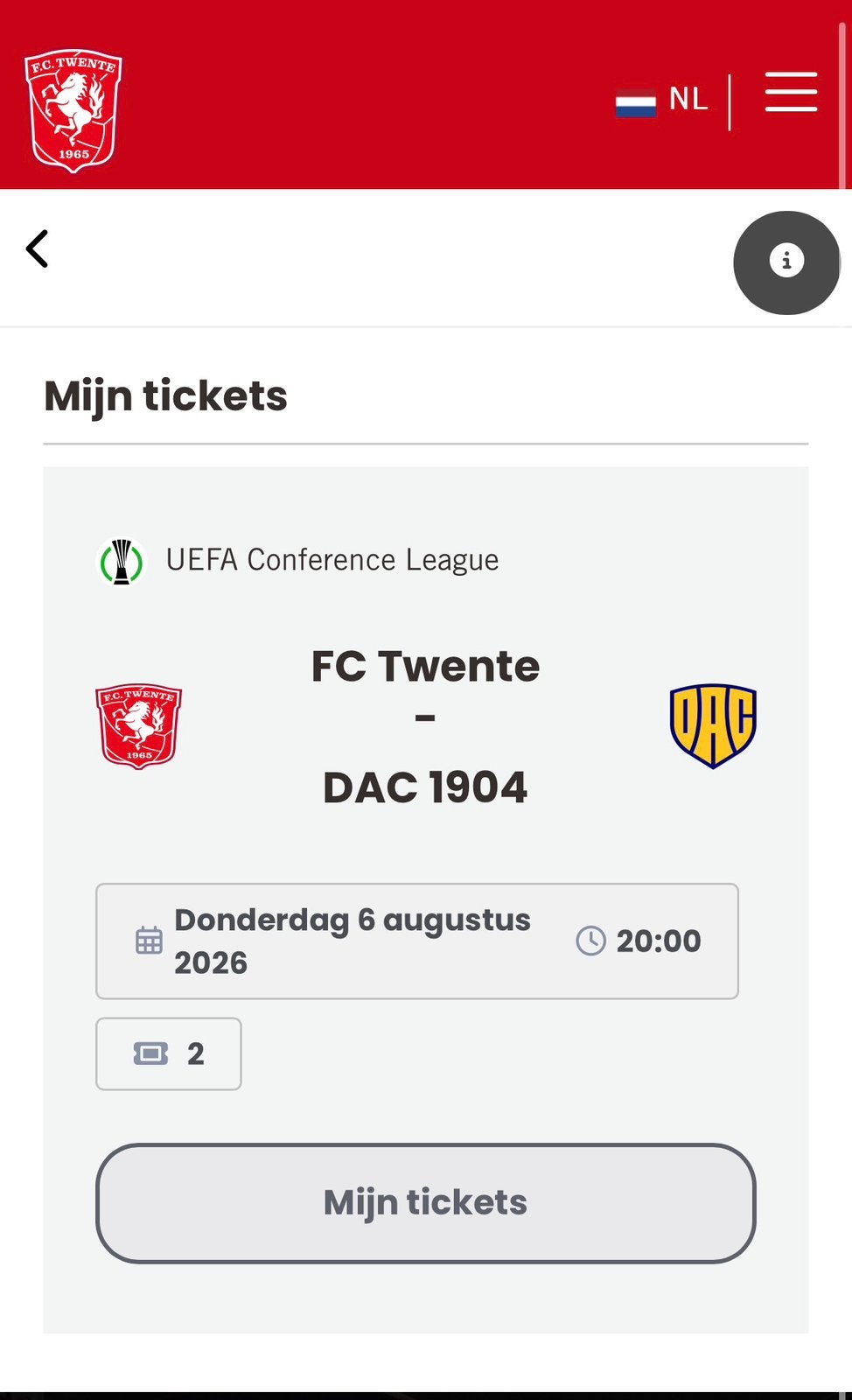 2 tickets FC Twente - DAC 1904 vak 318, Tickets en Kaartjes, Losse kaart, Twee personen, Augustus, Europa of Champions League