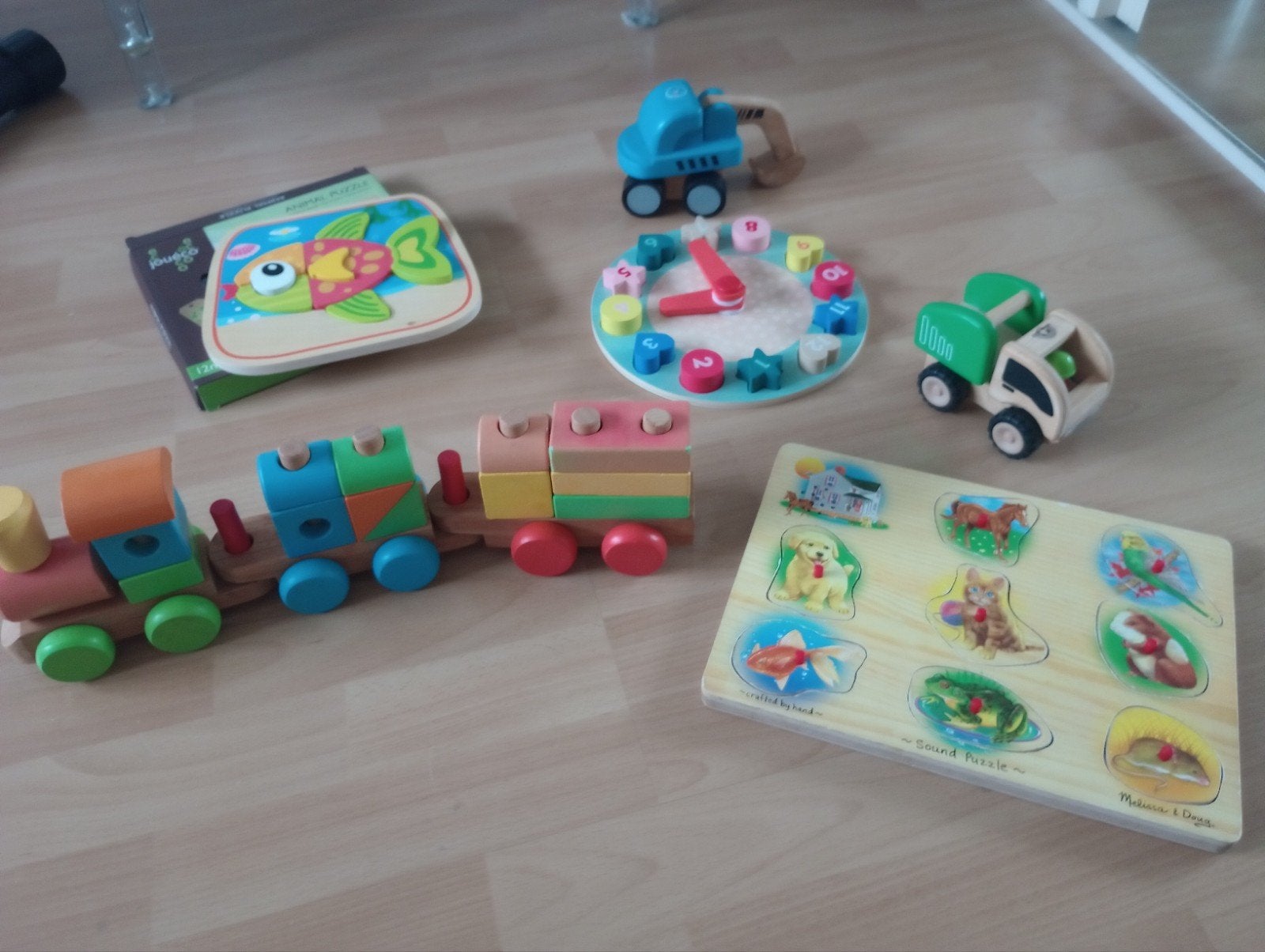 Houten speelgoed set: trein, puzzel, klok en voertuigen, Kinderen en Baby's, Speelgoed | Overig, Ophalen, Gebruikt