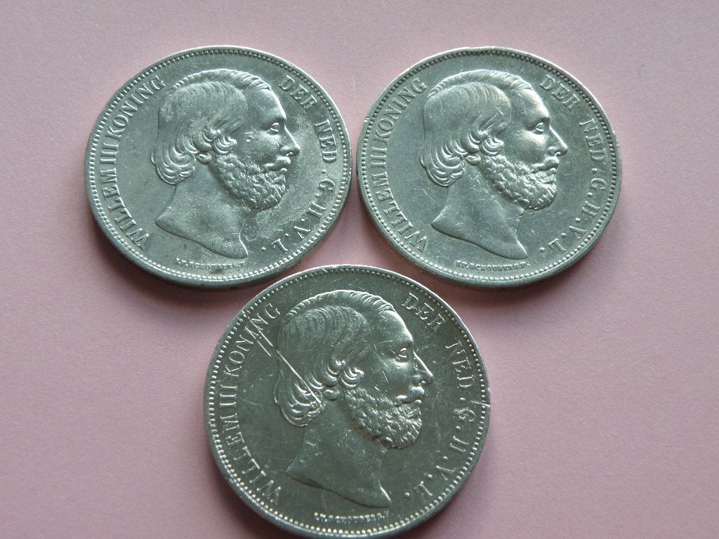 Nederland 3 x Rijksdaalder zilver W III 1851,1867,1874, Koning Willem III, Zilver, 2½ gulden, Verzenden