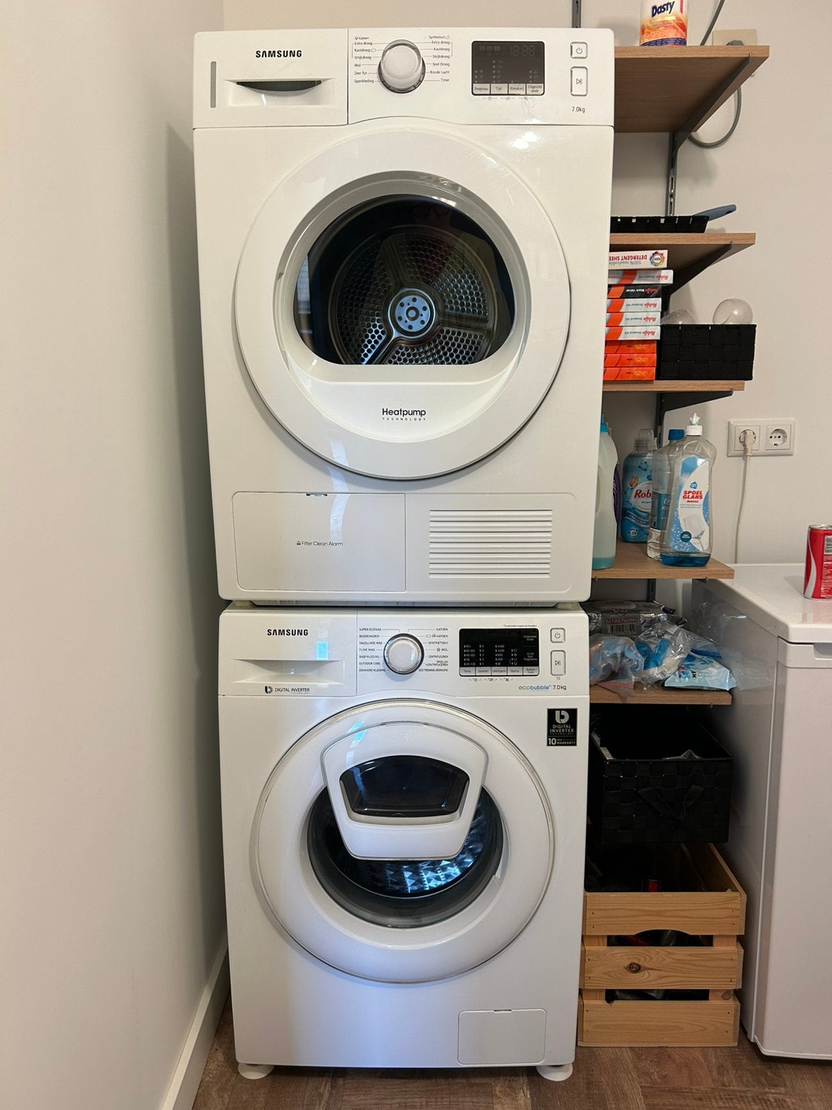 Samsung eco WASMACHINE en warmtepomp DROGER samen, Ophalen, Gebruikt, Energieklasse A of zuiniger, Voorlader