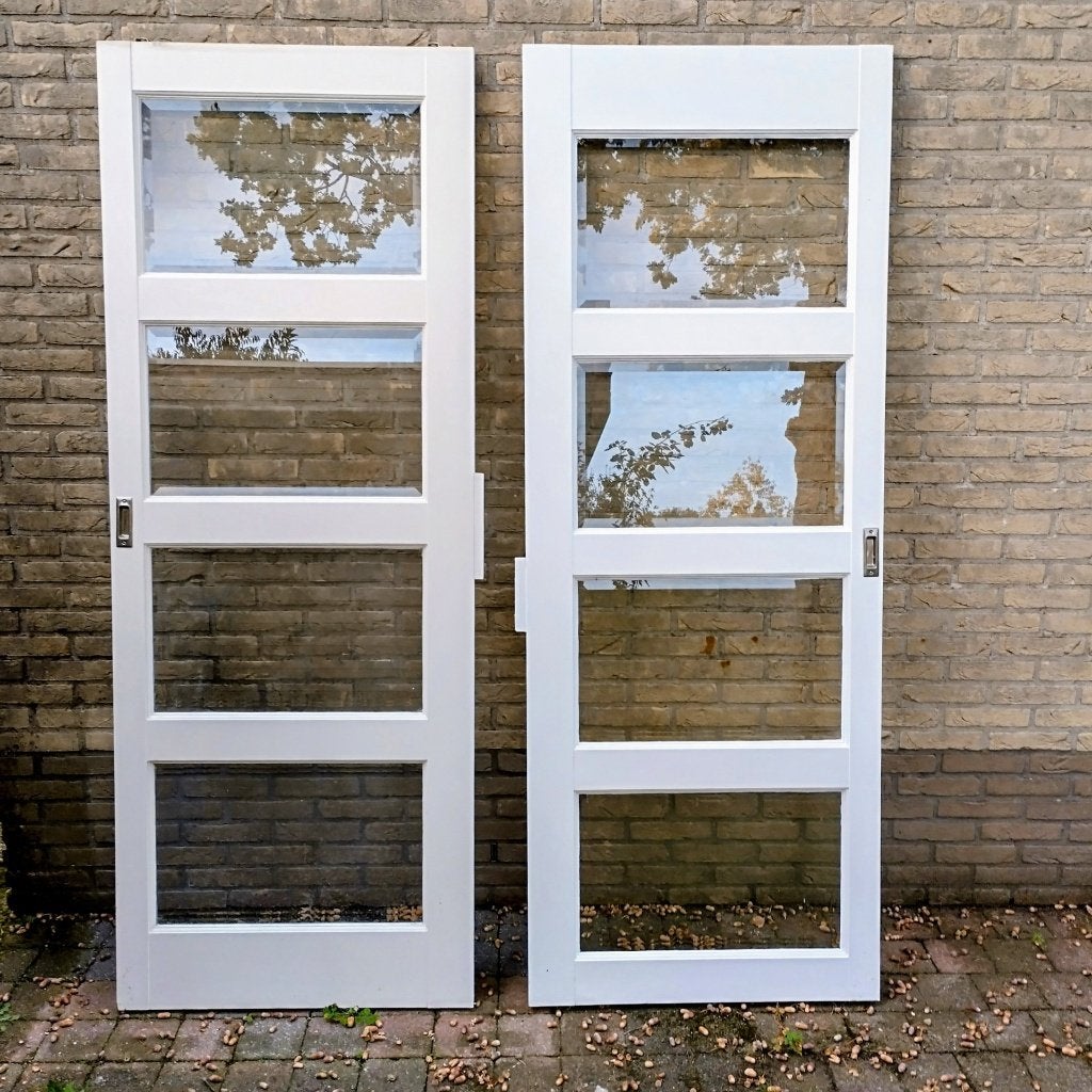 2 tropisch hardhouten ensuite schuifdeuren met geslepen glas, Ophalen, Gebruikt, Minder dan 80 cm, Binnendeur