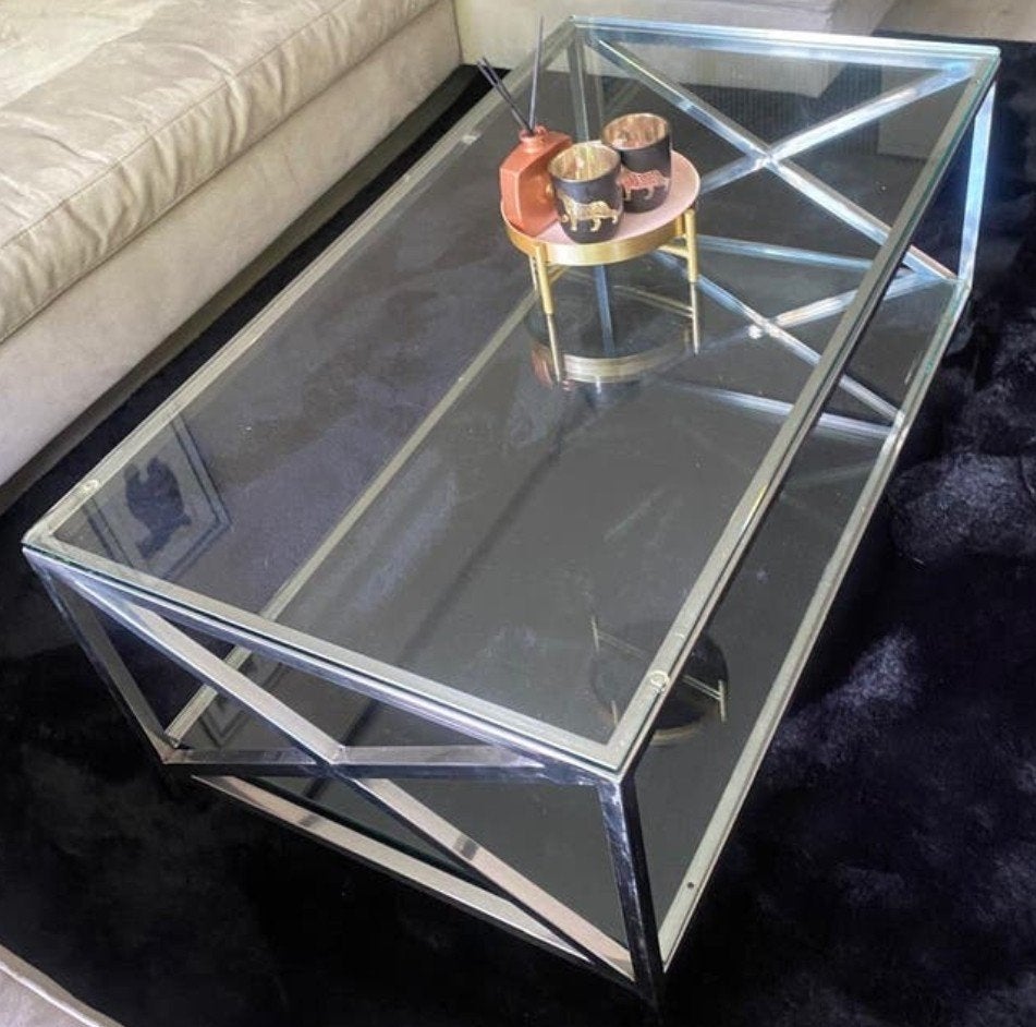 Glazen salontafel met dubbele glasplaat - Hellevoetsluis, Huis en Inrichting, Tafels | Salontafels, Ophalen, Gebruikt, 100 tot 150 cm