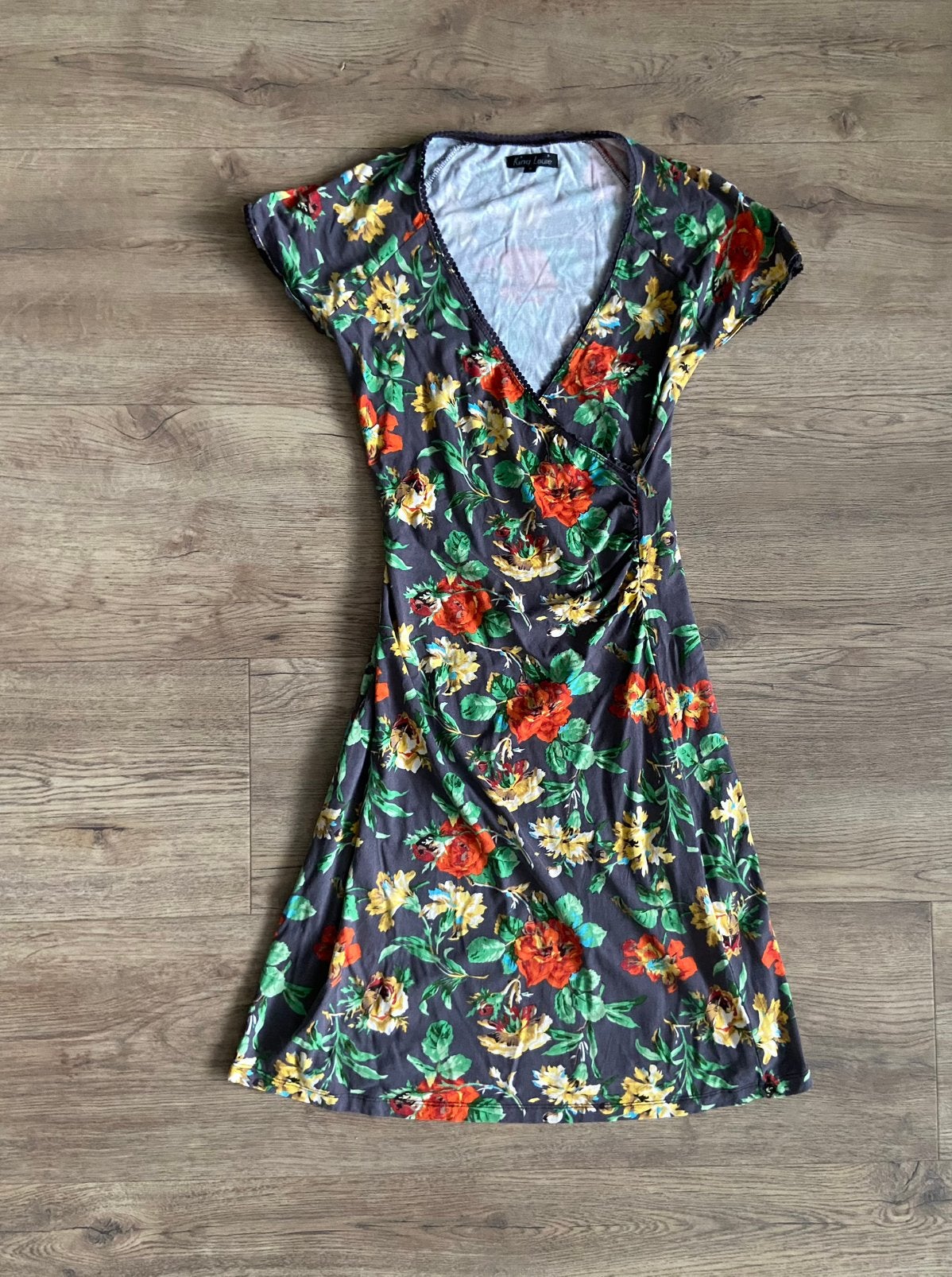 King Louie jurk bloemen overslagjurk retro jersey Maat S 36, Overige kleuren, Ophalen of Verzenden, Zo goed als nieuw, Knielengte
