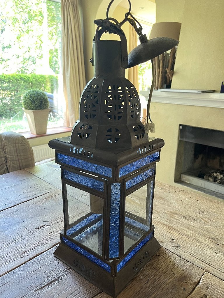Prachtige hanglamp/lantaarn in Oosterse stijl met glas, Ophalen of Verzenden, Zo goed als nieuw, Glas