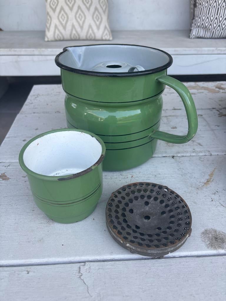 Vintage Groene Emaille Keuken Set - Kan, Kom & Zeef, Ophalen of Verzenden