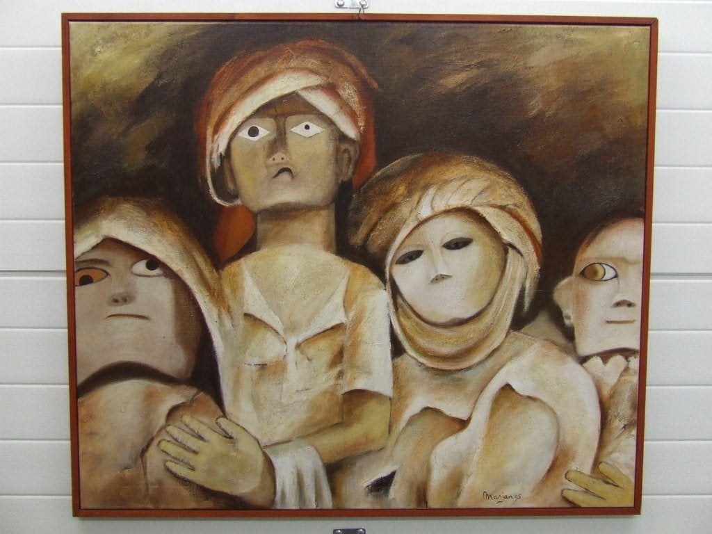 Marjan kwaaitaal schilderijen olie op canvas Ontheemden., Antiek en Kunst, Ophalen, Gesigneerd, Acrylverf