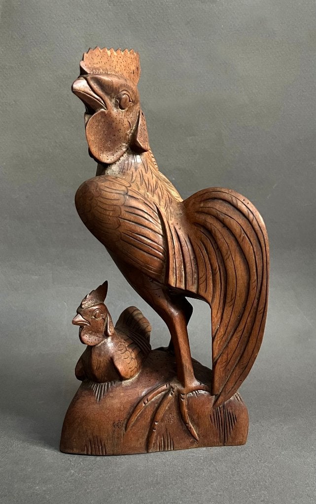 (Gevechts) haan met kuiken Bali Art Deco jaren '20-'30, Antiek en Kunst, Houtsnijwerk, Minder dan 20 cm, Art deco, Ophalen of Verzenden