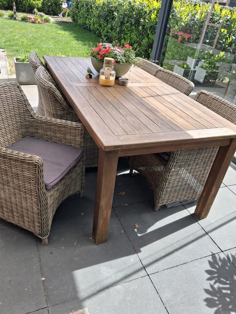 Tuinset: Teakhouten Tafel met Wicker Stoelen, Tuin en Terras, Ophalen, Rechthoekig