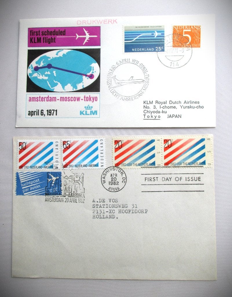 KLM Eerstedag enveloppe~1971 Moscow + 200 jaar USA 1982, Verzamelen, Ophalen of Verzenden, Gebruikt, Overige typen