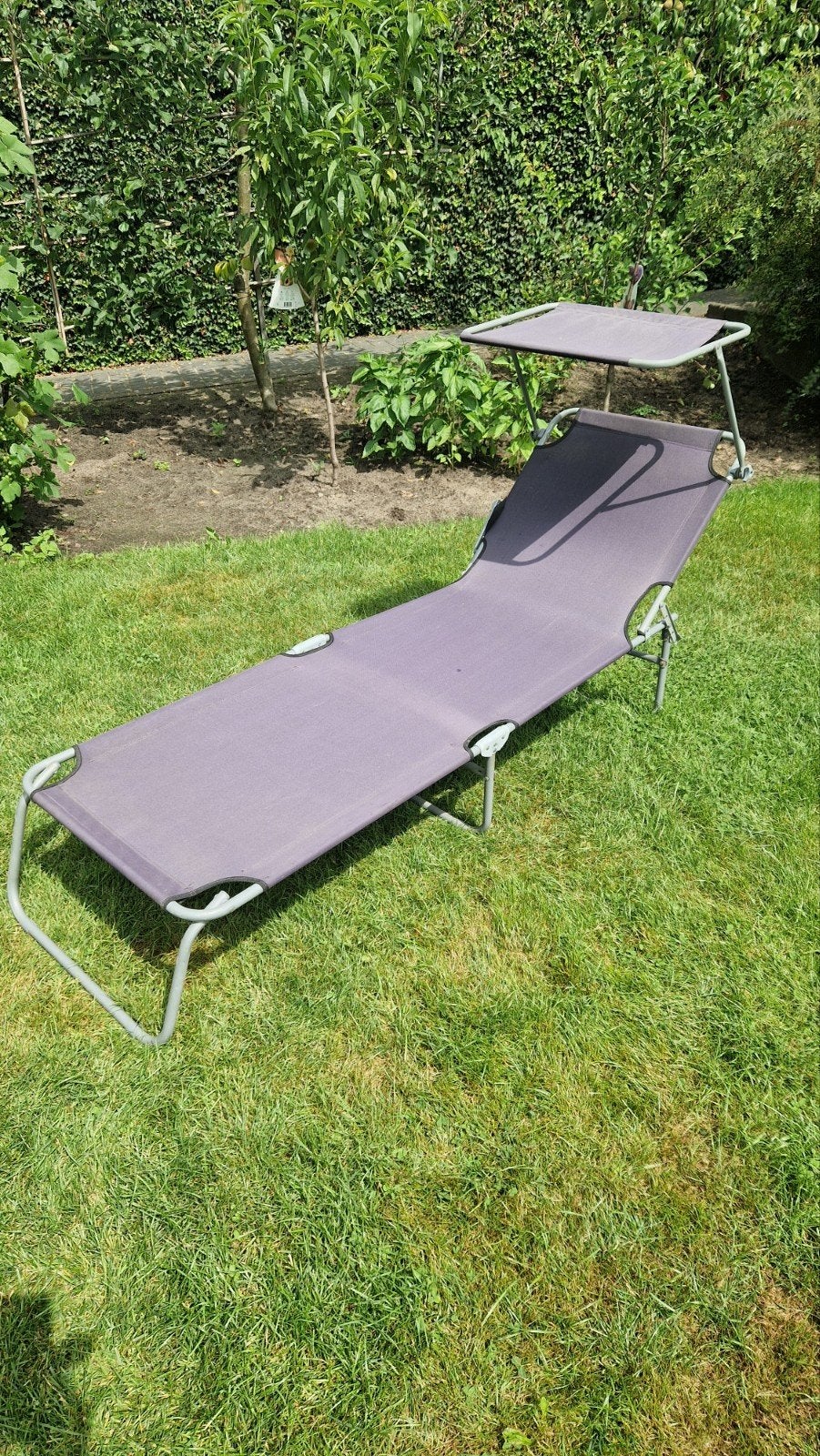Ligbed met zonnescherm - Grijs, Tuin en Terras, Ophalen, Gebruikt, Metaal, Verstelbaar