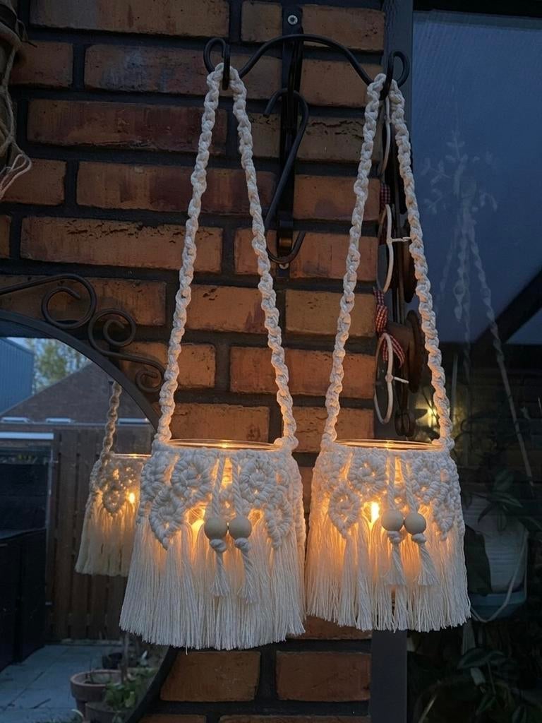 Handgemaakte Boho Macramé Kandelaars (Upcycled Set van 2), Ophalen