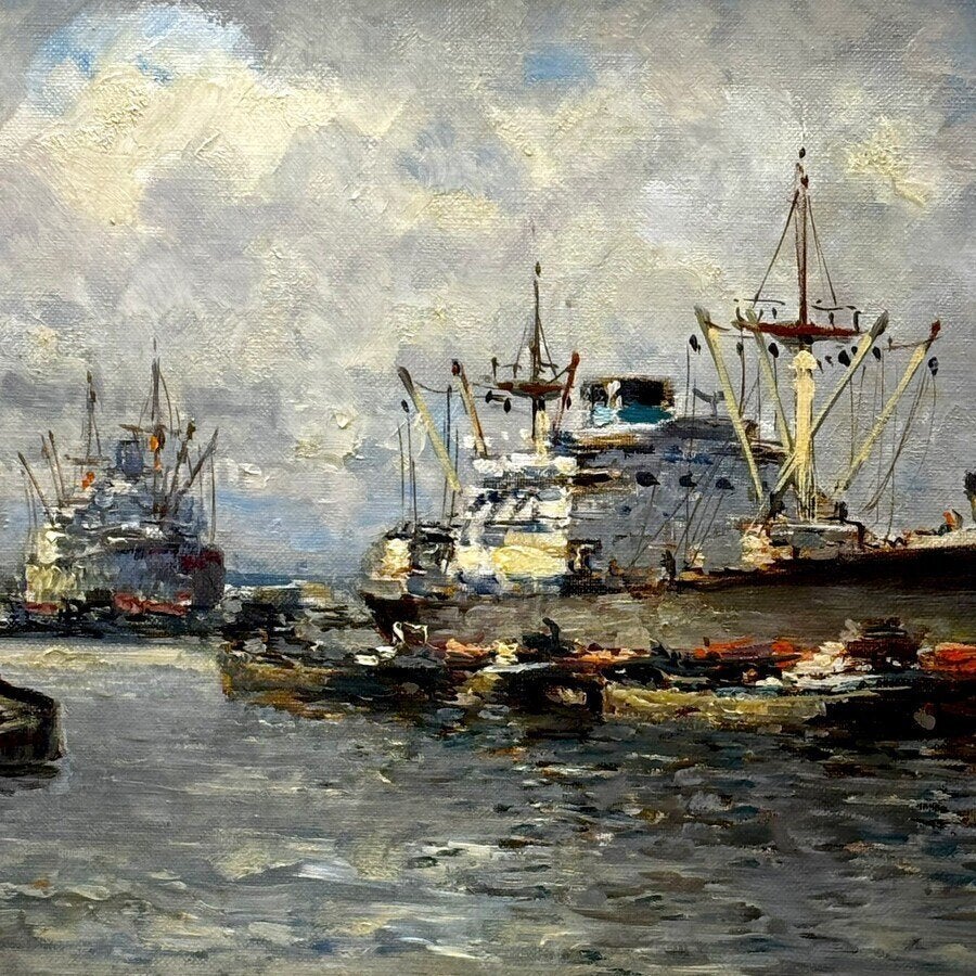Joop Molenaar (1914-1990), Rotterdams havengezicht, Antiek en Kunst, Maritiem / water, Doek, Ophalen of Verzenden, Olieverf