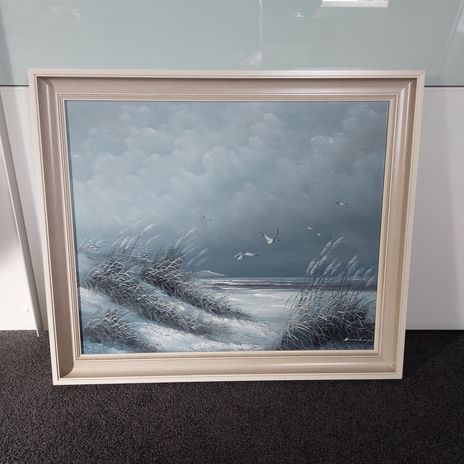 Schilderij: Zeegezicht met vogels en riet, Ophalen