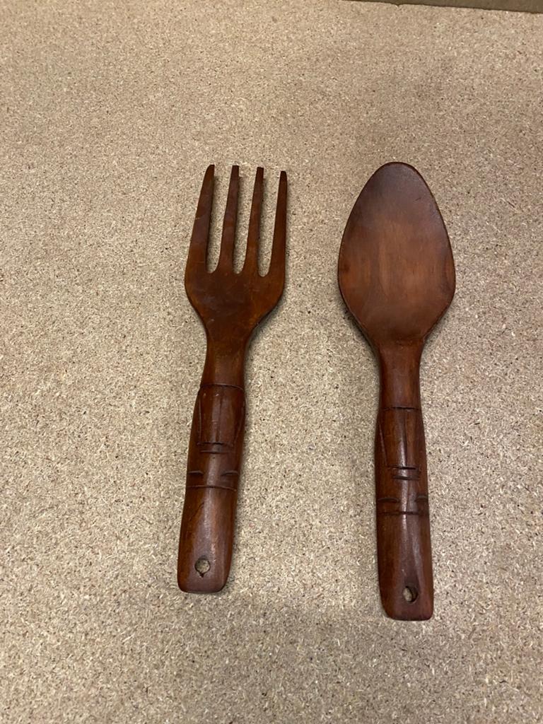 Antieke vork en lepel hout groot, Ophalen of Verzenden