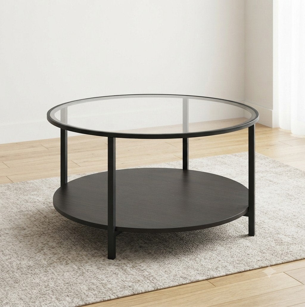 Moderne ronde salontafel met glazen blad, Huis en Inrichting, Tafels | Salontafels, Ophalen, 50 tot 100 cm, Rond, 50 tot 100 cm