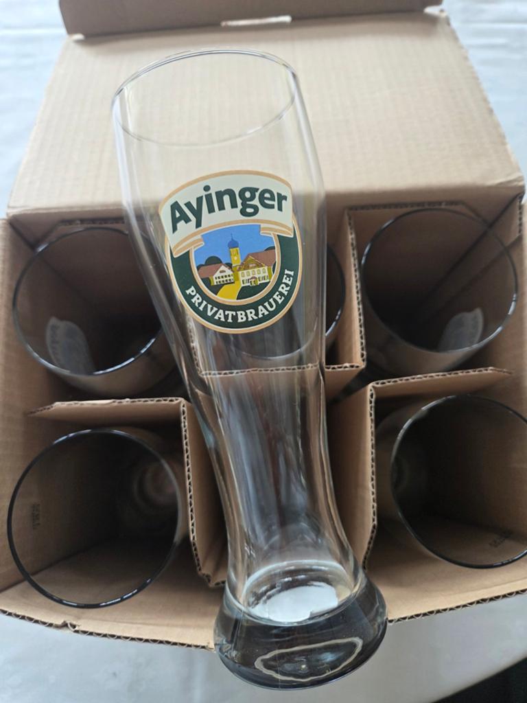 Set van 6 Ayinger Privatbrauerei Bierglazen - 0,5L, Ophalen, Zo goed als nieuw, Glas of Glazen, Overige merken