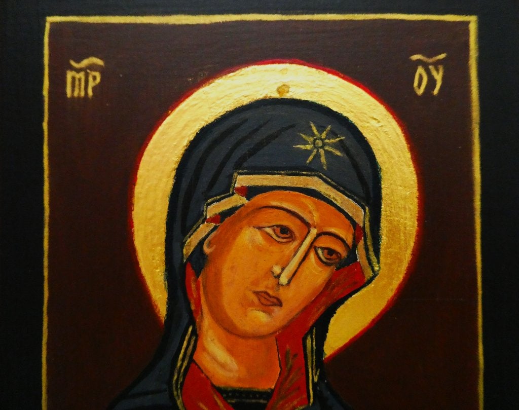 Handbeschilderd icoon van Moeder Gods goud aureool, Antiek en Kunst, Ophalen of Verzenden