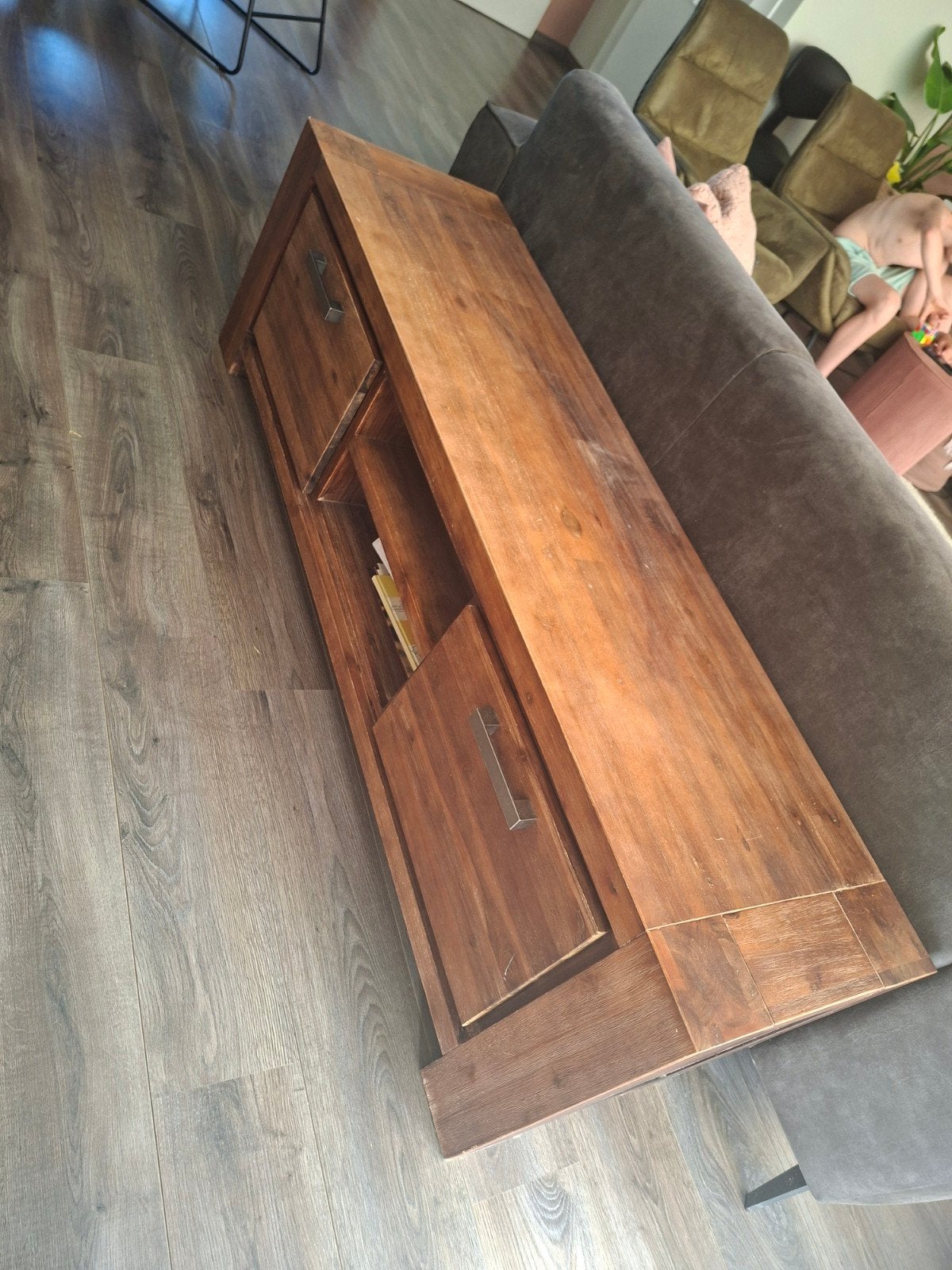 Massief teak houten tv-meubel, Gebruikt, 100 tot 150 cm, Ophalen of Verzenden, Modern Landelijk