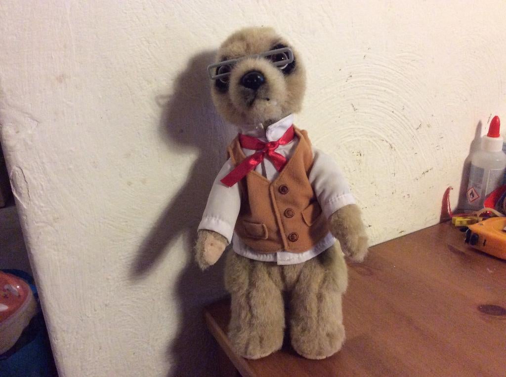 Meerkat (stokstaartje) knuffel met overhemd, bril en jasje., Ophalen of Verzenden, Gebruikt, Overige typen