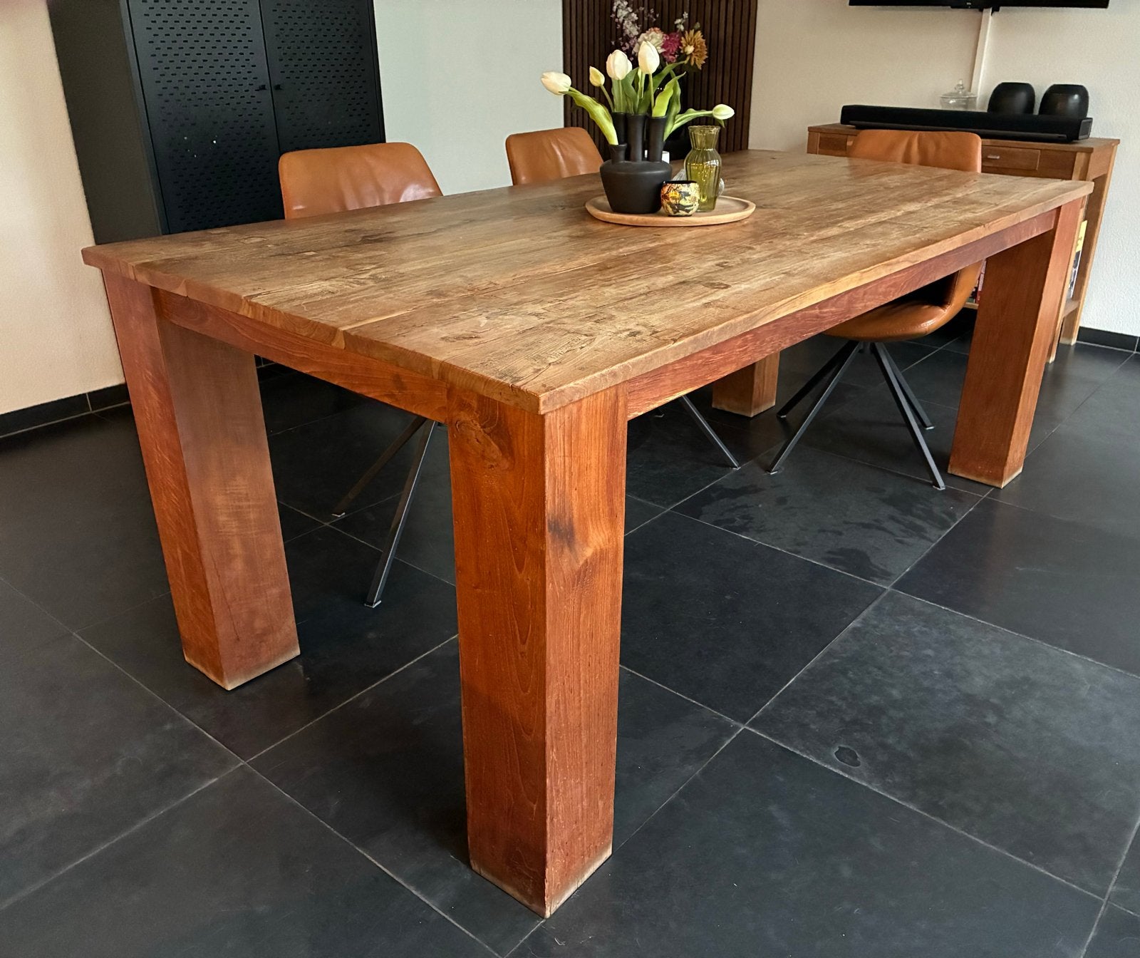 Robuuste houten stamtafel - 200x100 cm, Ophalen, 200 cm of meer, 50 tot 100 cm, Vijf personen of meer