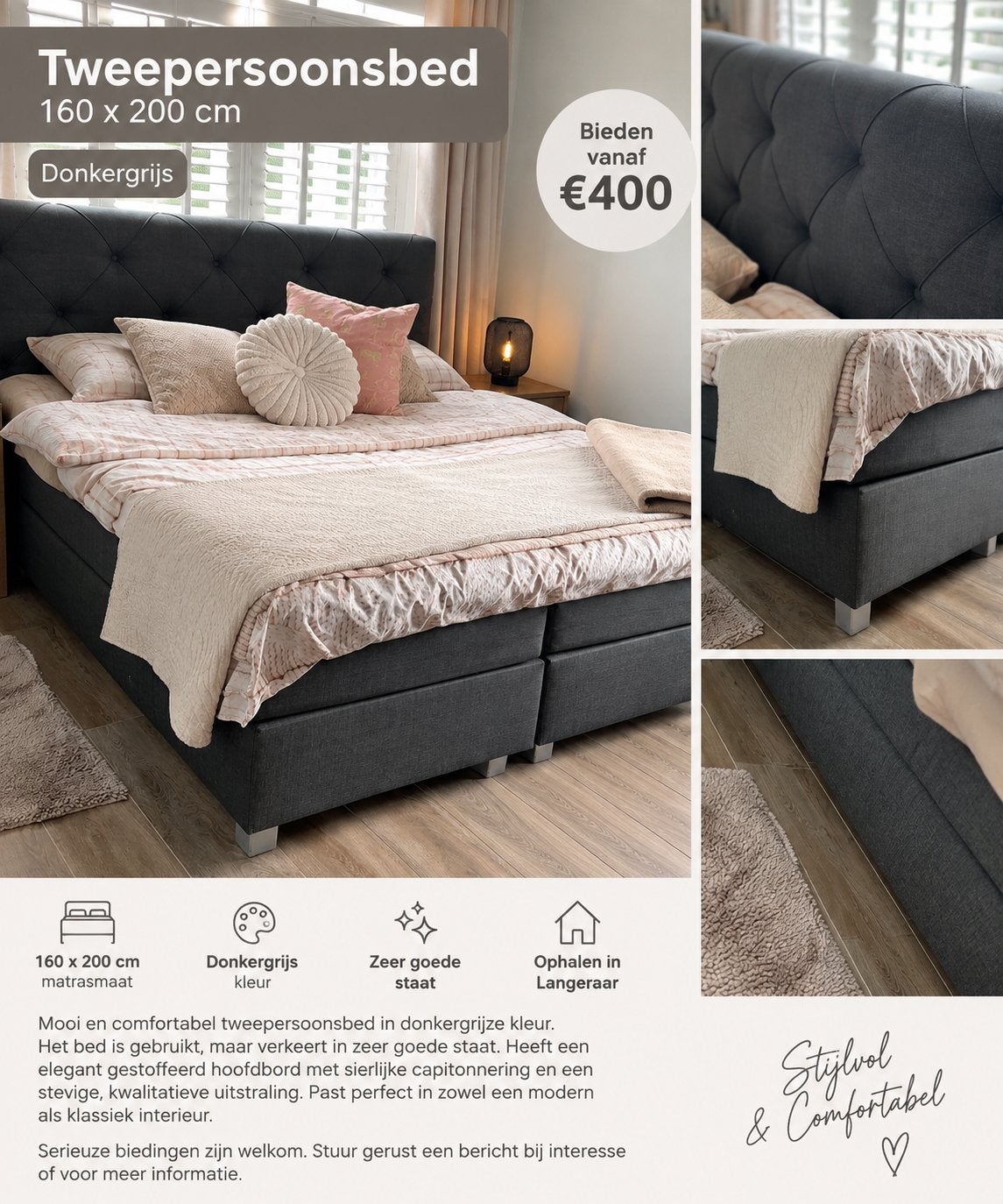 Tweepersoonsbed 160x200 cm – donkergrijs – zeer goede staat, Ophalen of Verzenden, Tweepersoons, 160 cm