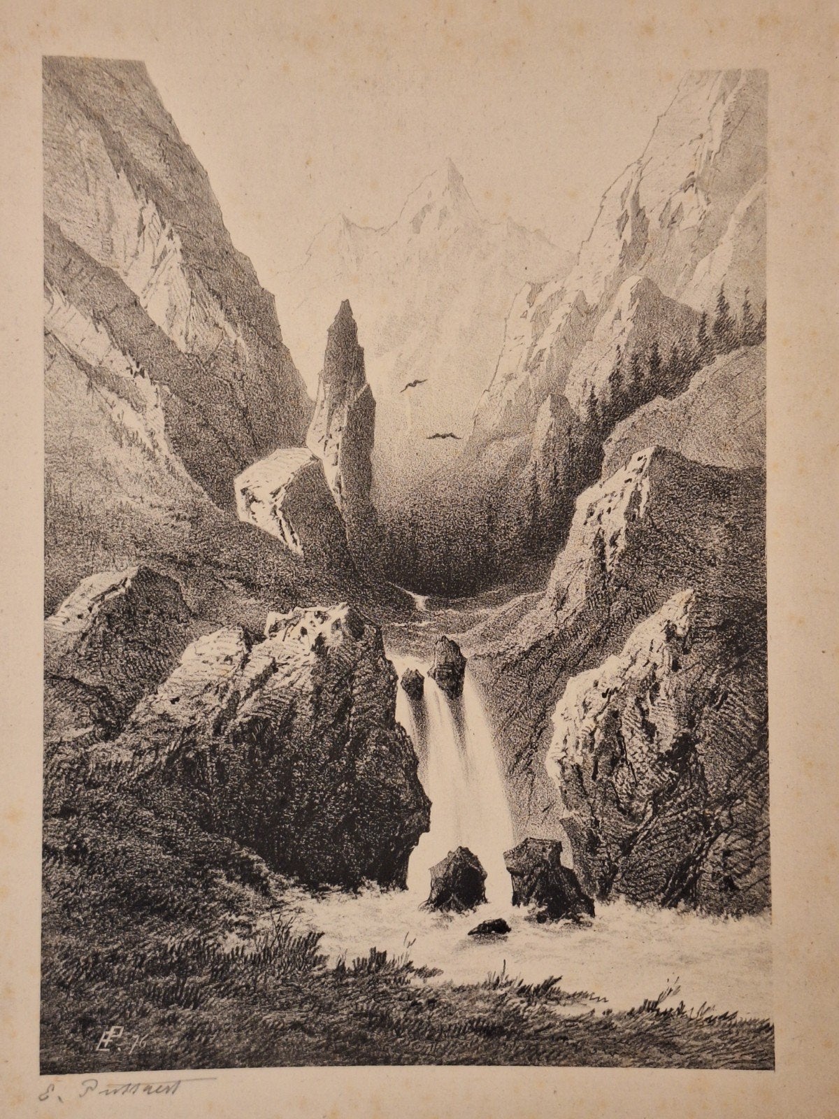 Lithografie Berglandschap met Waterval - E. Puttaert, Ophalen of Verzenden, Landschap, Lithografie, Gesigneerd