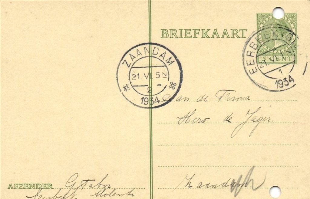 G. Tabor, Eerbeek - 06.1934 - briefkaart, Postzegels en Munten, Ophalen of Verzenden, Briefkaart