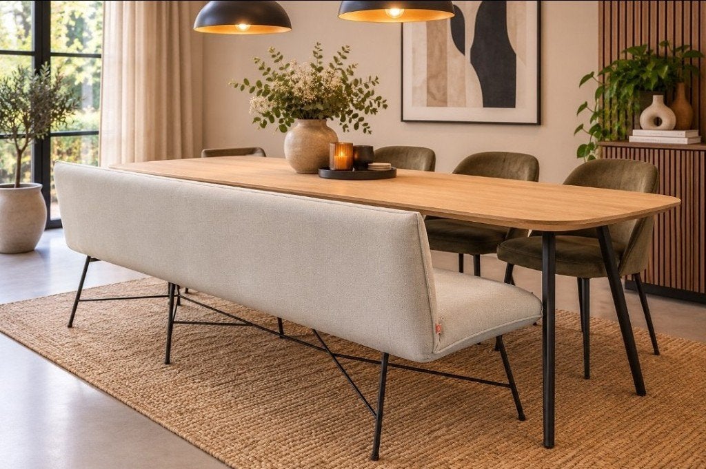 Luxe lange eetkamerbank Vidar Jess metaal stof naturel 290cm, Ophalen, Overige kleuren, Zo goed als nieuw, Metaal
