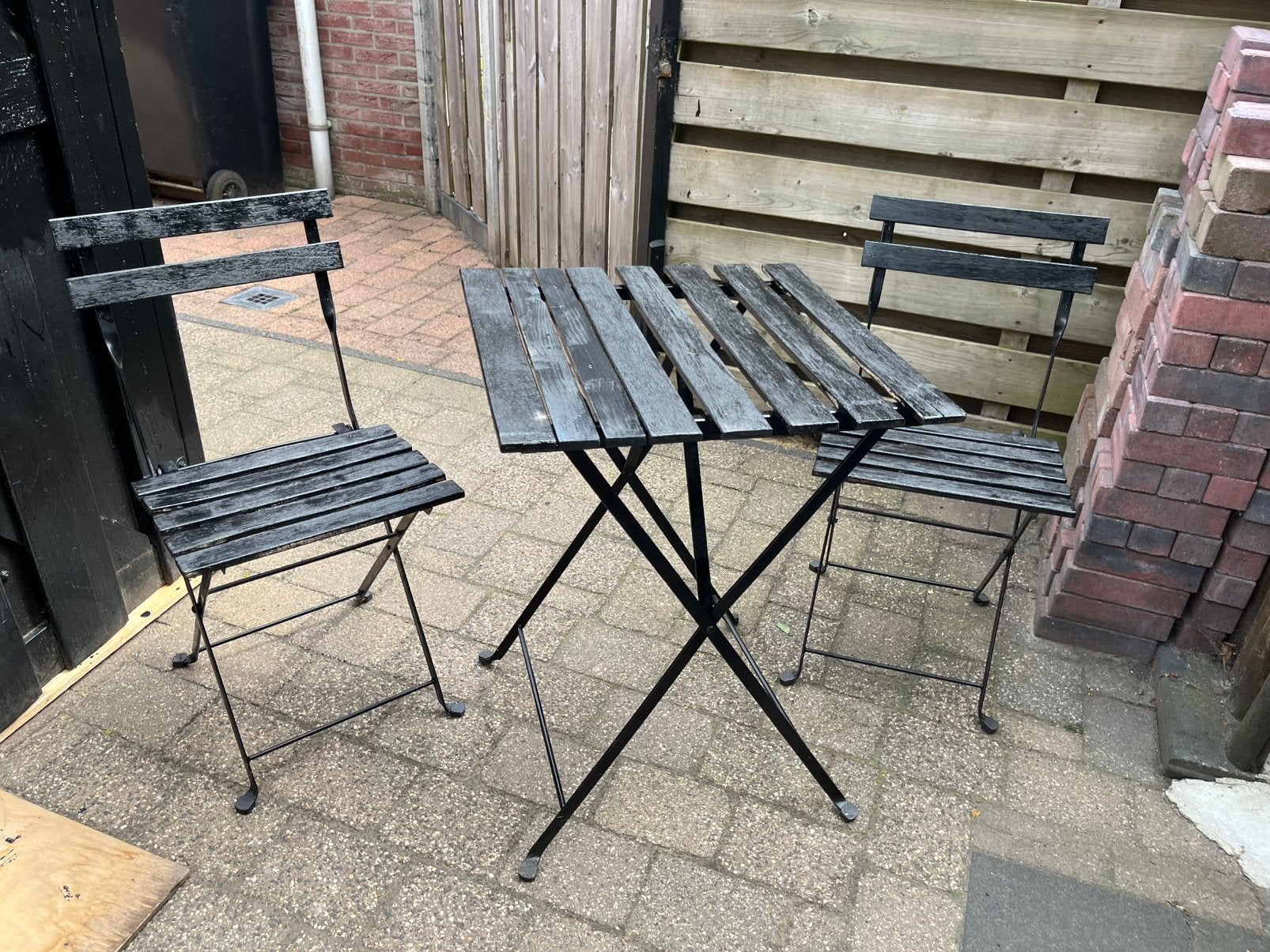 Bistroset - metaal/hout 3 - delig, Ophalen of Verzenden, Zo goed als nieuw, Overige materialen, 2 zitplaatsen