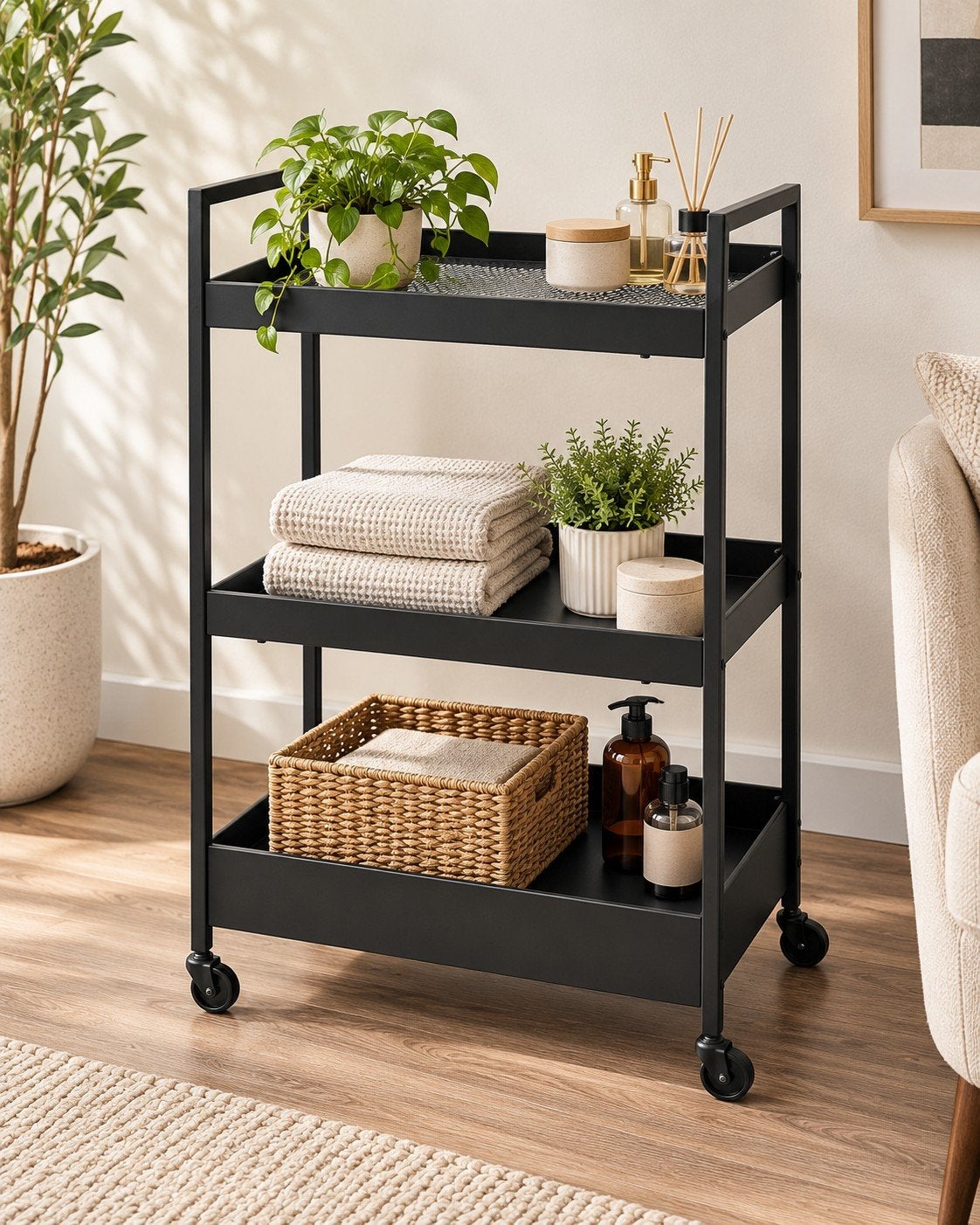 Moderne zwarte metalen trolley / opbergwagen op wieltjes, Ophalen