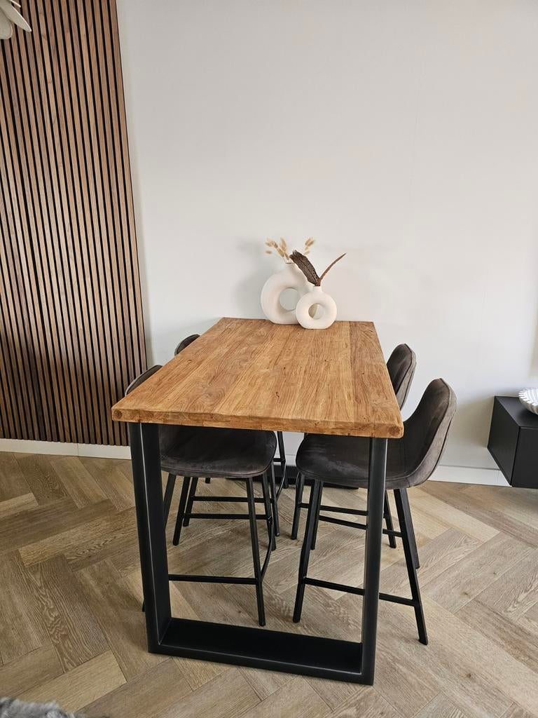 Complete eethoek (bartafel + Stoelen) Teak / Velvet, Ophalen, Zo goed als nieuw
