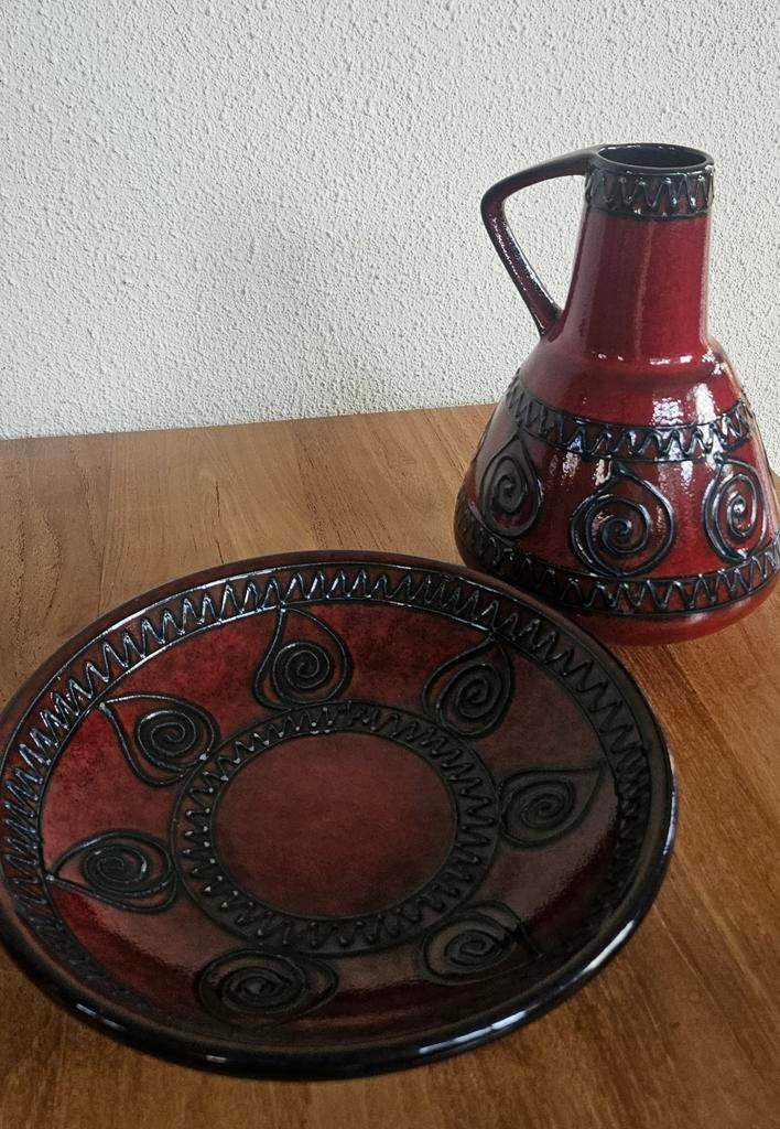 Scheurich West Germany Fat Lava vaas + schaal set rood zwart, Ophalen of Verzenden