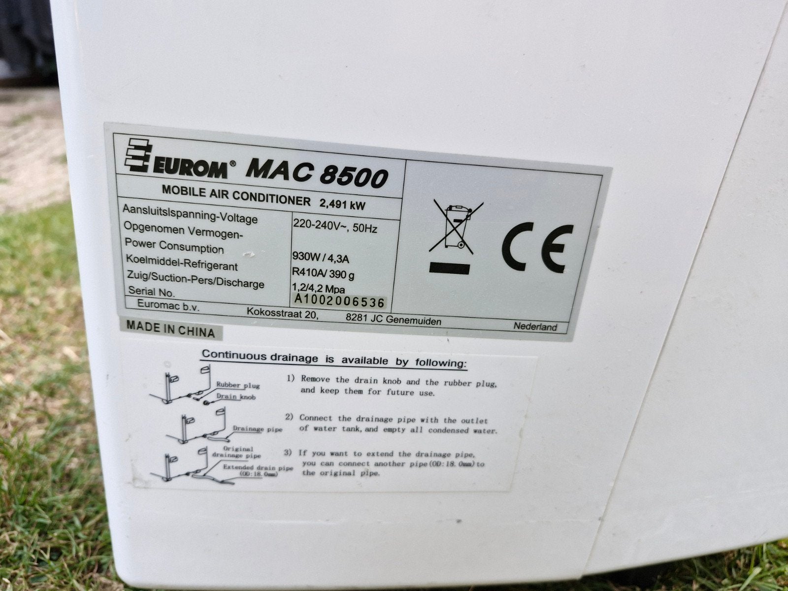 Euromac MAC 8500 Mobiele Airco - Koelt niet meer, Ophalen, Minder dan 60 m³, Koelen en Ontvochtigen, Niet werkend