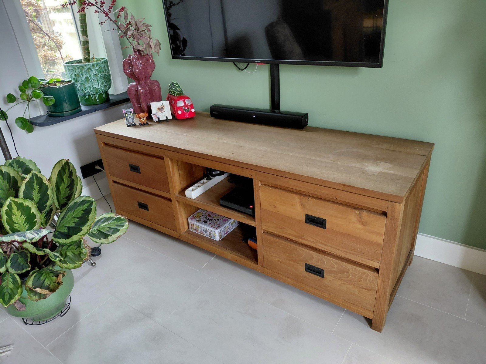 Massief Teakhouten Dressoir/TV-meubel met 4 Lades, Ophalen, Gebruikt, 150 tot 200 cm, Minder dan 100 cm