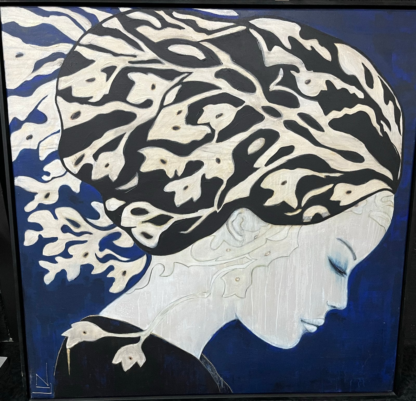 Olieverf Schilderij: Vrouwelijk Portret in Blauw en Wit, Antiek en Kunst, Kunst | Schilderijen | Modern, Handgeschilderd, Ophalen of Verzenden