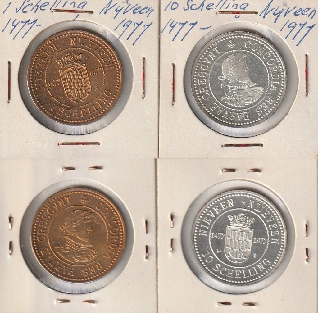 Stedepenningen Nijeveen Nederland, 1 en 10 schelling, zilver, Koningin Juliana, Zilver, Overige waardes, Verzenden
