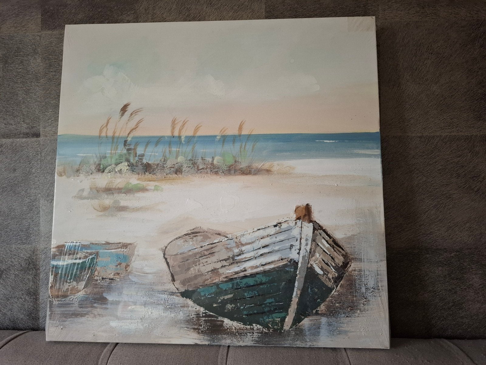 Schilderij 60x60 cm - Strandgezicht met boten, nieuw, Antiek en Kunst, Maritiem / water, Doek, Realistisch, Ophalen of Verzenden
