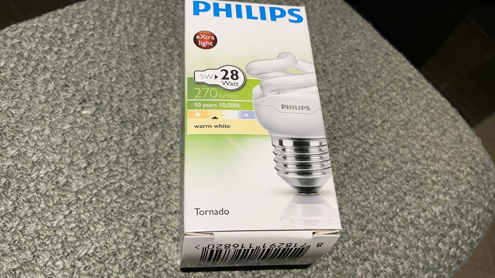 Philips Tornado 5 watt  equivalent 28 watt E 27 warm white, Philips, Nieuw, Spaarlamp, Warm wit