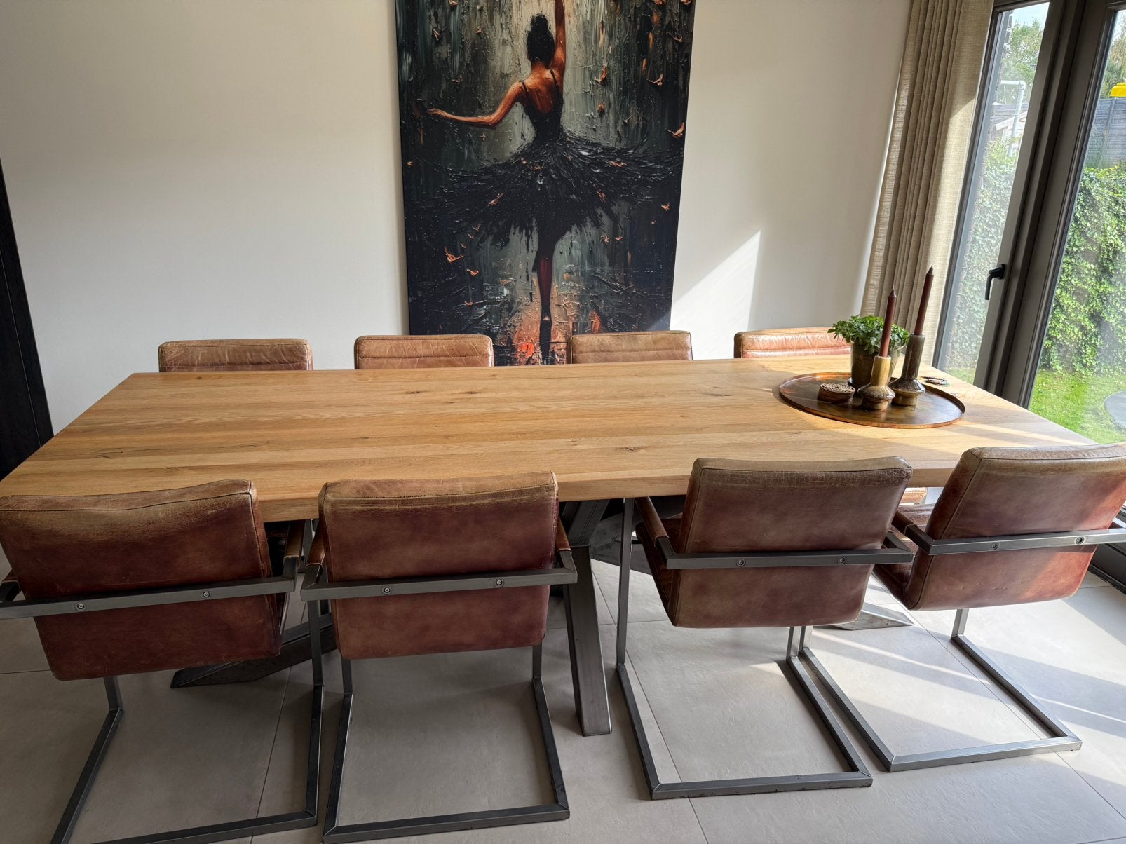 Prachtige massief eiken eettafel met 8 eetkamerstoelen, Ophalen, Eikenhout, 200 cm of meer, 50 tot 100 cm