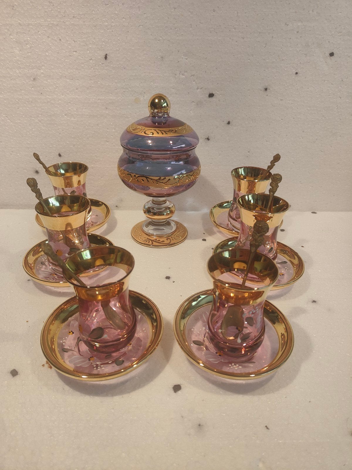 Pasabahce Turkse theeset compleet - Roze/Goud, Nieuw, Ophalen of Verzenden, Glas, Overige stijlen