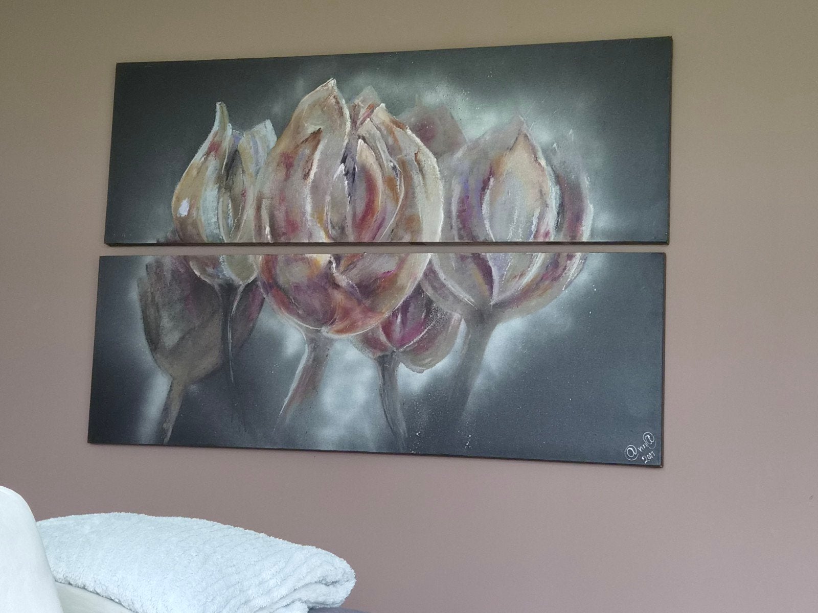 2-luik schilderij met tulpen, Ophalen, Textiel, Op houten frame, Bloemen