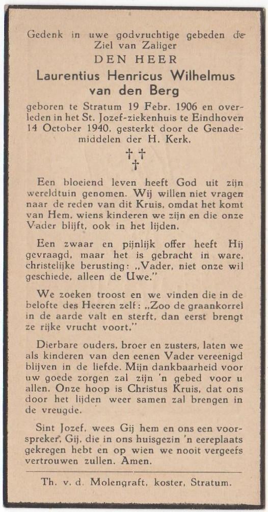 Laurentius H.W. van den Berg 1906 Stratum + 1940 Eindhoven, Verzamelen, Verzenden