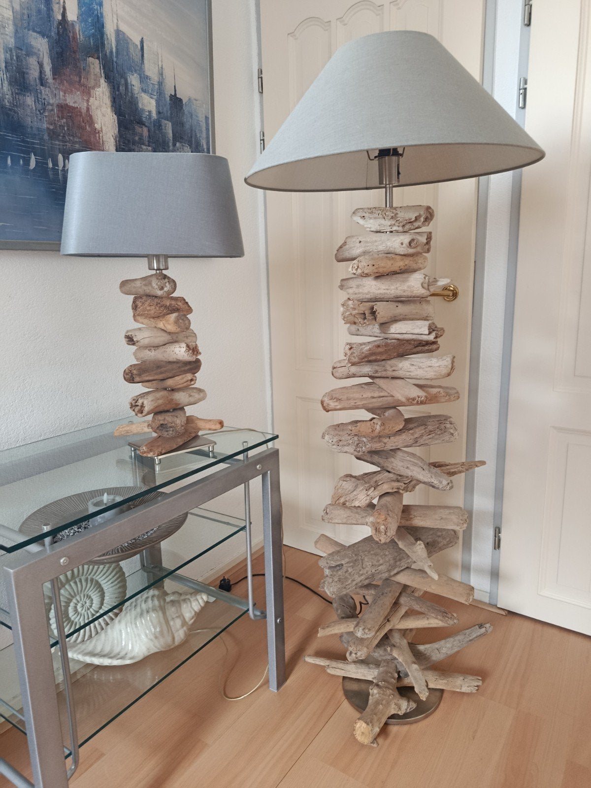 Set van 2 unieke drijfhout lampen - Vloerlamp en Tafellamp, Ophalen, Gebruikt, Grijs, Landelijk