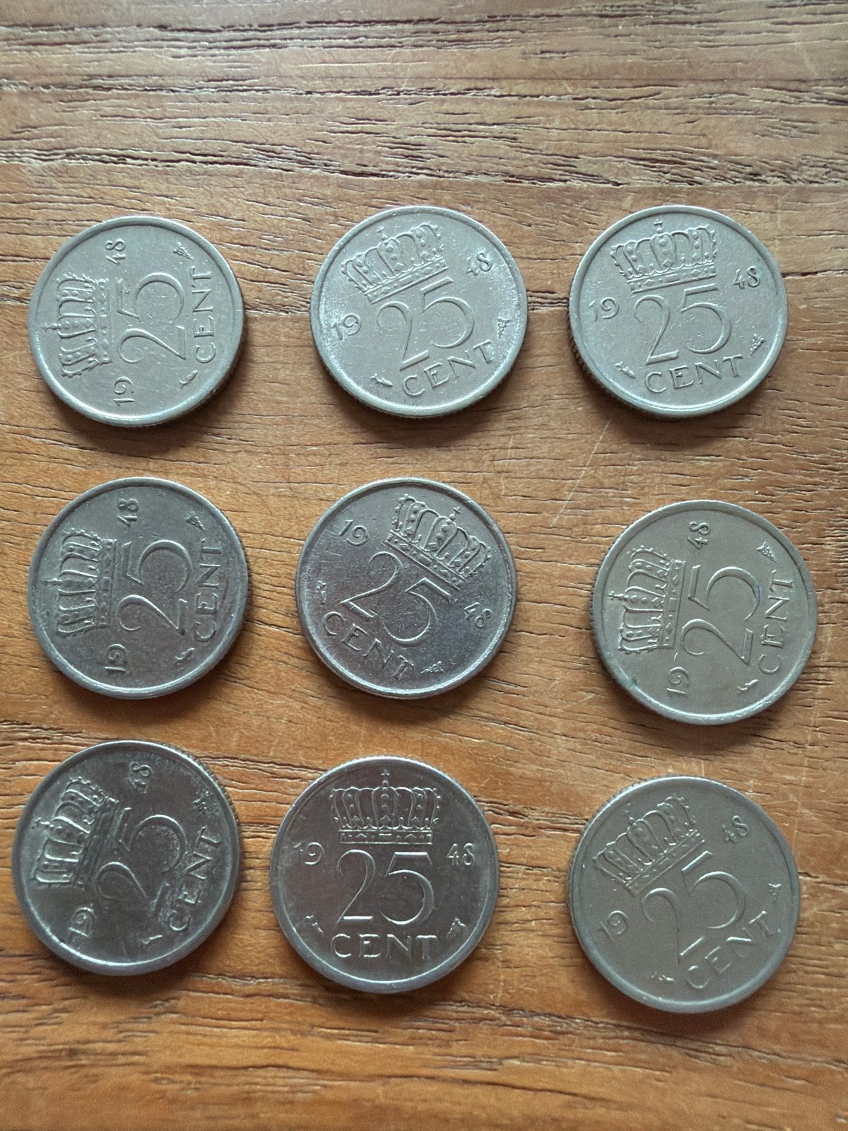Negen 25 cent munten Koningin Wilhelmina 1948, Ophalen of Verzenden, Koningin Wilhelmina, 25 cent, Setje