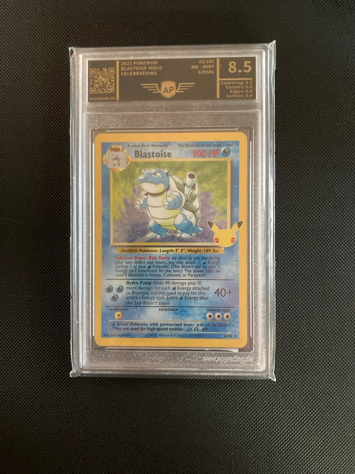 Pokémon Celebrations Blastoise AP Graded 8.5, Ophalen of Verzenden, Zo goed als nieuw, Losse kaart