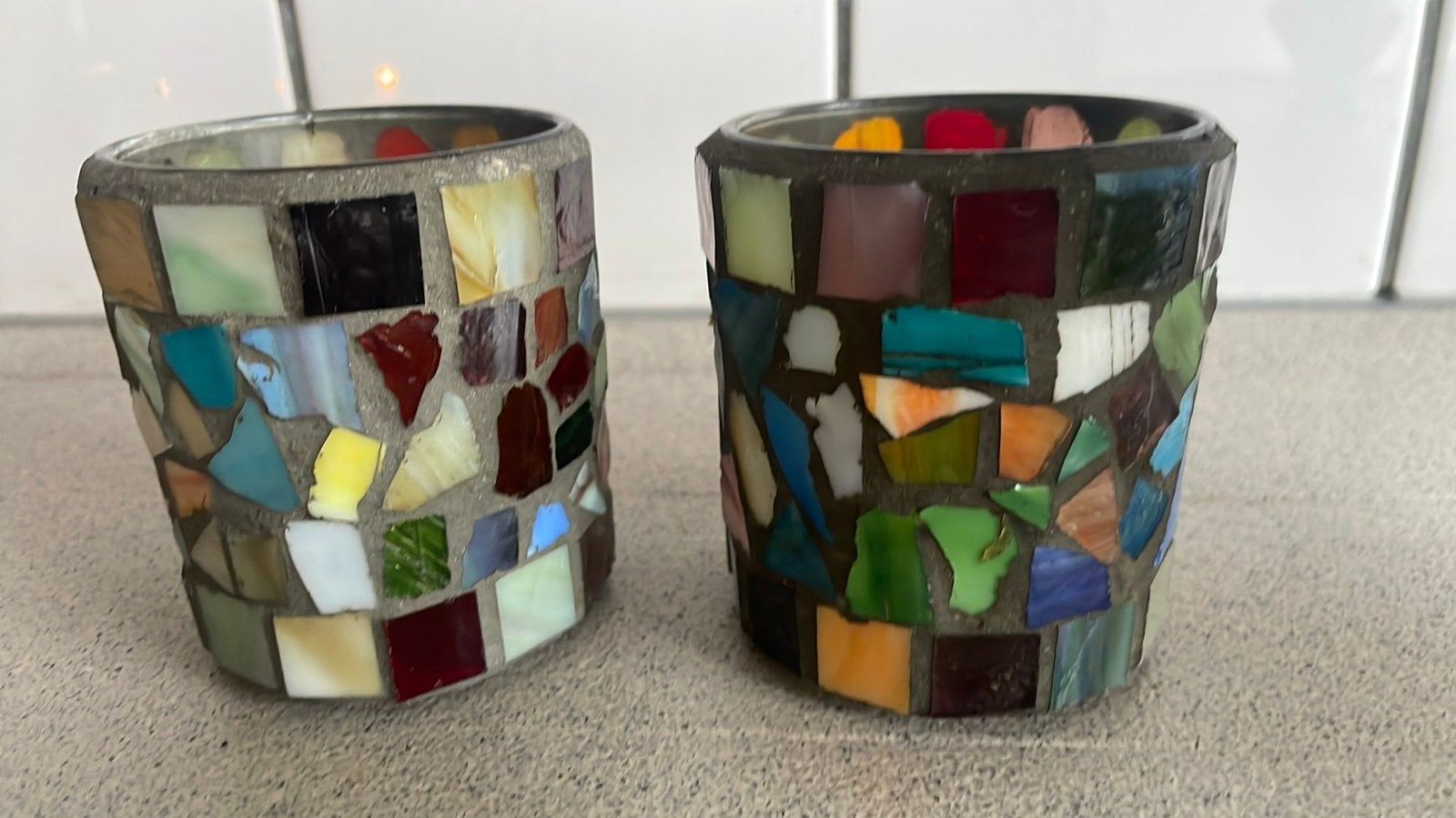 2 superleuke mozaïek kandelaars waxinelichthouders glas, Ophalen of Verzenden, Zo goed als nieuw, Glas